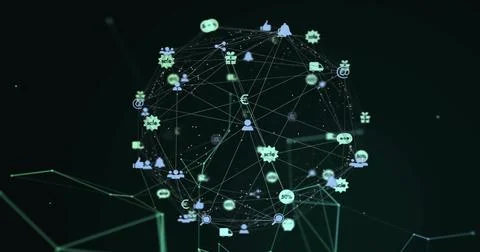 Floating center sphere nodes glowing and pulsing in digital space, with user Stock Illustration