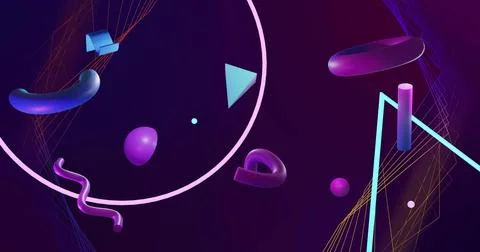 Floating centered cluster featuring magenta torus, glossy tubes cutting Stock Photos