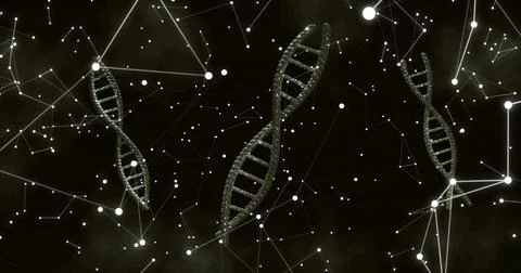 Floating centered DNA helix glowing in dark void, showing helices, nodes, par Stock Illustration