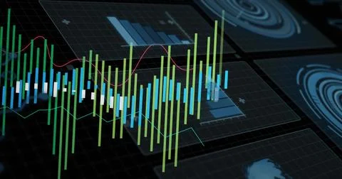 Floating centered multiseries bars hovering at dark UI, showing candle blocks Stock Illustration