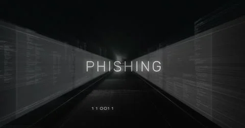 Floating centered PHISHING word glowing above cyber corridor, with binary 110 Stock Illustration