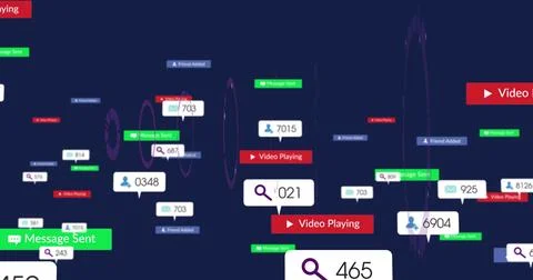 Floating centered widgets pulsing on navy dashboard, showing red play tiles and Stock Illustration