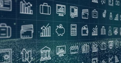 Floating central array showing white line finance icons over particle ground Illustrazione stock