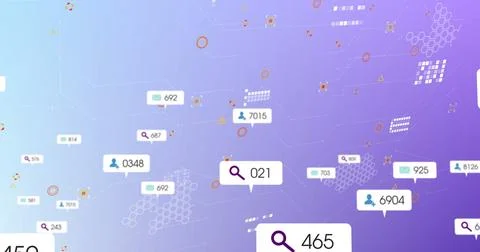 Floating central callout bubble displaying '021' hovering on violet-blue UI, Stock Photos