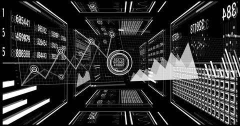 Floating central circular data node connecting grid panels in data corridor, Stock Illustration
