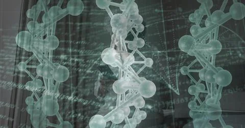 Floating central clear DNA helix projecting in virtual interface with grid li 스톡 사진
