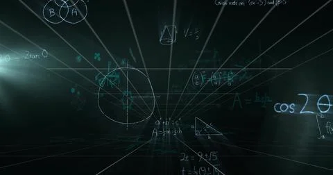 Floating central cluster of glowing math formulas in virtual 3D grid with int Stock Illustration