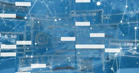 Floating central data panels and circular nodes linking in deep blue space, with Stock Photos