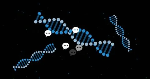Floating central DNA double helix connecting smaller helices in digital space, Stock Illustration