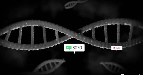 Floating central DNA helix in 3D abstract display, with chat icon 8070 and play Stock Illustration