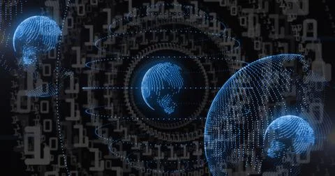 Floating central dotted globe rotating in cyberspace, with binary digits, data Stockillustratie