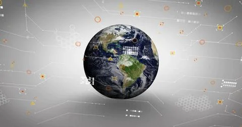 Floating central Earth globe showing network lines and orange data markers on Illustrazione stock