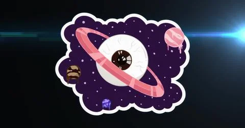 Floating central eyeball planet with pink ring drifting through dark cosmos,  Stock Illustration