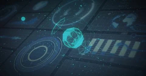 Floating central glowing 3D wireframe sphere in digital interface, with radar Stock Illustration