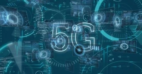 Floating central glowing 5G label hovering in network interface, with GUI panels Stock Photos