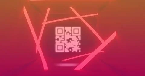 Floating central glowing QR code emitting bloom in virtual studio, with neon 库存插图