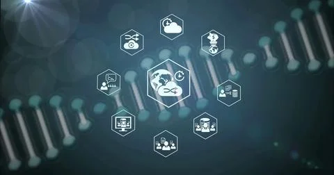 Floating central hexagon displaying globe and cloud sync icon in digital scene Stock Photos