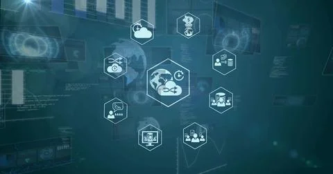 Floating central hexagon showing globe-cloud syncing on digital dashboard, with Stock Illustration