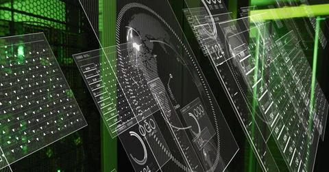 Floating central holographic interface panels rotating in server room, with Stock Photos