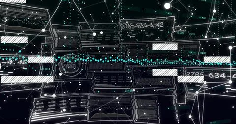 Floating central HUD panels connecting via dotted cyan data stream in dark Stock Illustration