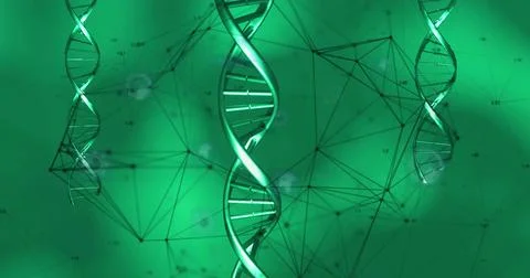 Floating central metallic DNA helix in 3D render, with two blurred helices, node Stock Illustration