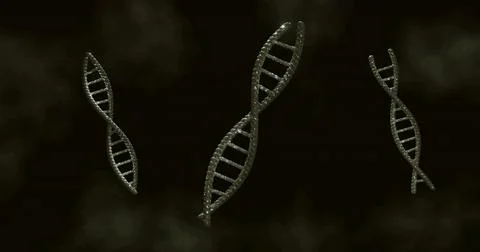 Floating central metallic double helix reflecting light in smoky void with fl Illustrazione stock