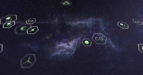 Floating central nebula and hexagonal badges drifting across deep space, showing Illustrazione stock