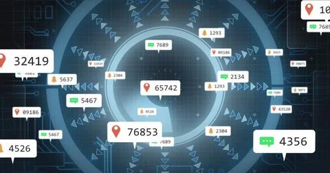 Floating central notification bubble rotating over tech dashboard, with pin, Stock Illustration