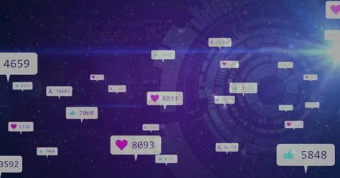 Floating central notification bubble showing magenta heart 8093 over dotted 스톡 일러스트