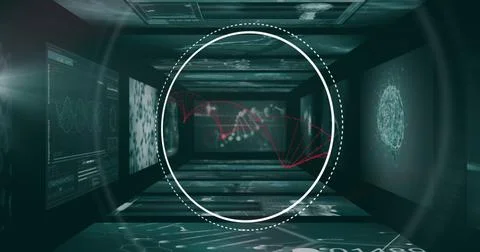 Floating central overlay showing red DNA helix in futuristic data corridor, with 스톡 일러스트
