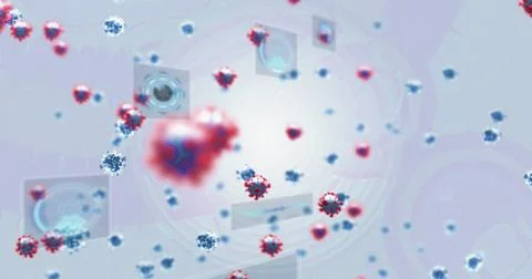 Floating central red virus cluster drifting in digital space, with blue spheres Stock Photos