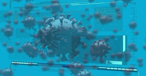 Floating central spiky virus model highlighting virtual interface, with data Stock Illustration