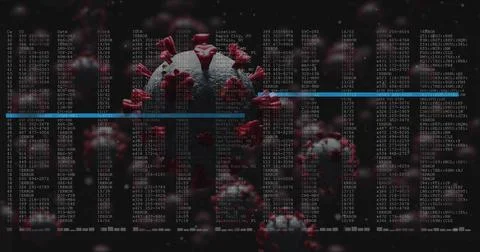 Floating central virus particle exhibiting red spikes in data panel with code 스톡 일러스트