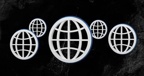 Floating central white 3D grid globe icon above black marble backdrop, with five Stock Illustration