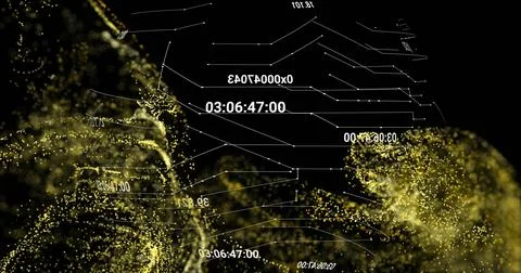 Floating central white timecode text pulsing in data interface, with golden Illustrazione stock