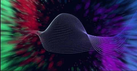 Floating central white wireframe ribbon forming sinuous 3D wave in digital art, Stock Illustration