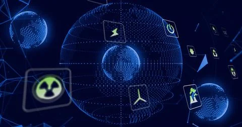 Floating central wireframe globe displaying neon-green energy icons in dark Illustrazione stock