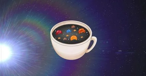 Floating ceramic mug holding cosmic liquid at starfield, with miniature plane Stock Illustration
