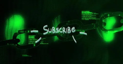 Floating chain link glowing over virtual code streams backdrop, with neon green Foto stock