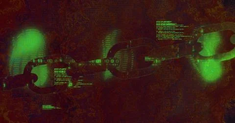 Floating chain links streaming binary digits in digital space, with green code Stock Photos
