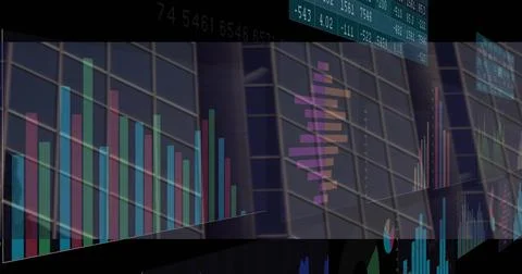 Floating chart panels streaming over glass facade, displaying vertical bars, Stock Photos
