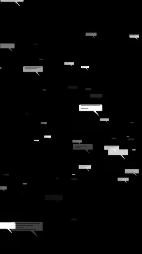 Floating chat bubble grayscale message icons, black empty space, and soft commun Stock Footage 340479568