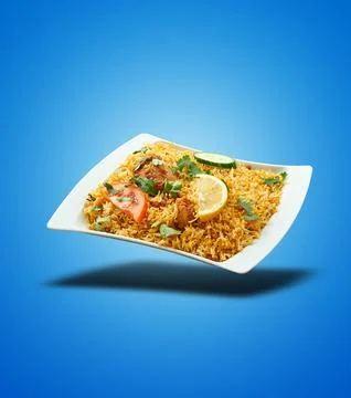 Floating Chicken Biryani on white plate on blue gradient Stock Photos
