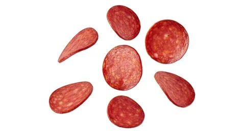 Floating chorizo slices isolated on white Stock Footage 339340549