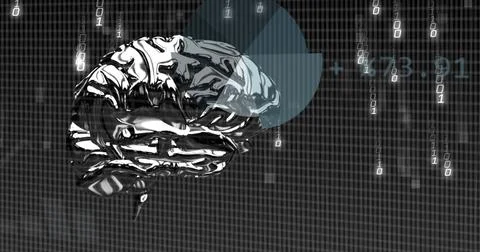 Floating chrome brain model reflecting grid in dark matrix, showing radial chart Stock Photos