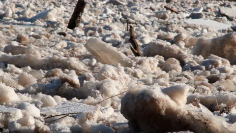 Floating chunks of ice and debris driftwood logs moving downstream in high speed Stock Footage 150507718