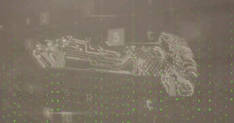 Floating circuit board pattern amid green binary digits, showing faint numeric Stockillustratie