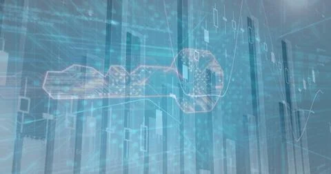 Floating circuit key icon hovering over data interface, showing candlestick bars Stock Illustration
