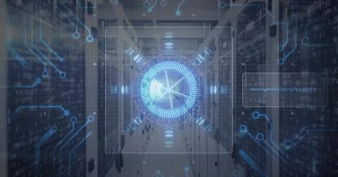 Floating circular holographic interface occupying central server aisle, with Foto stock