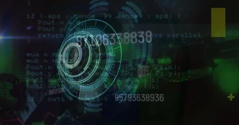 Floating circular HUD element rotating in high-tech interface, with code text 写真素材
